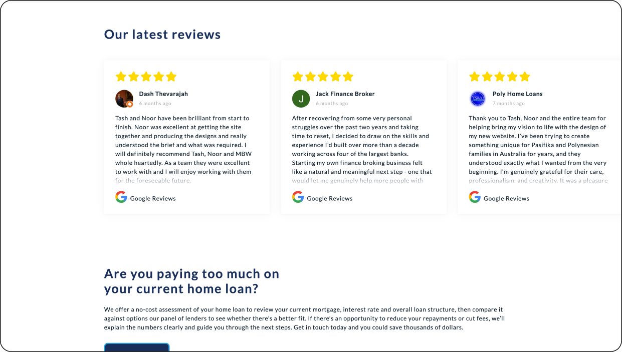 Basic Mortgage Broker Website Template - Google Review integration for trust building and supporting