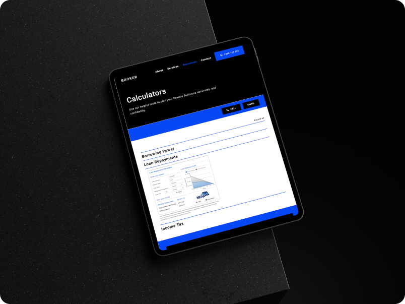 Modern Mortgage Broker Website Template - Sample mobile and responsive look and feel of FBAA/MFAA calculator integration