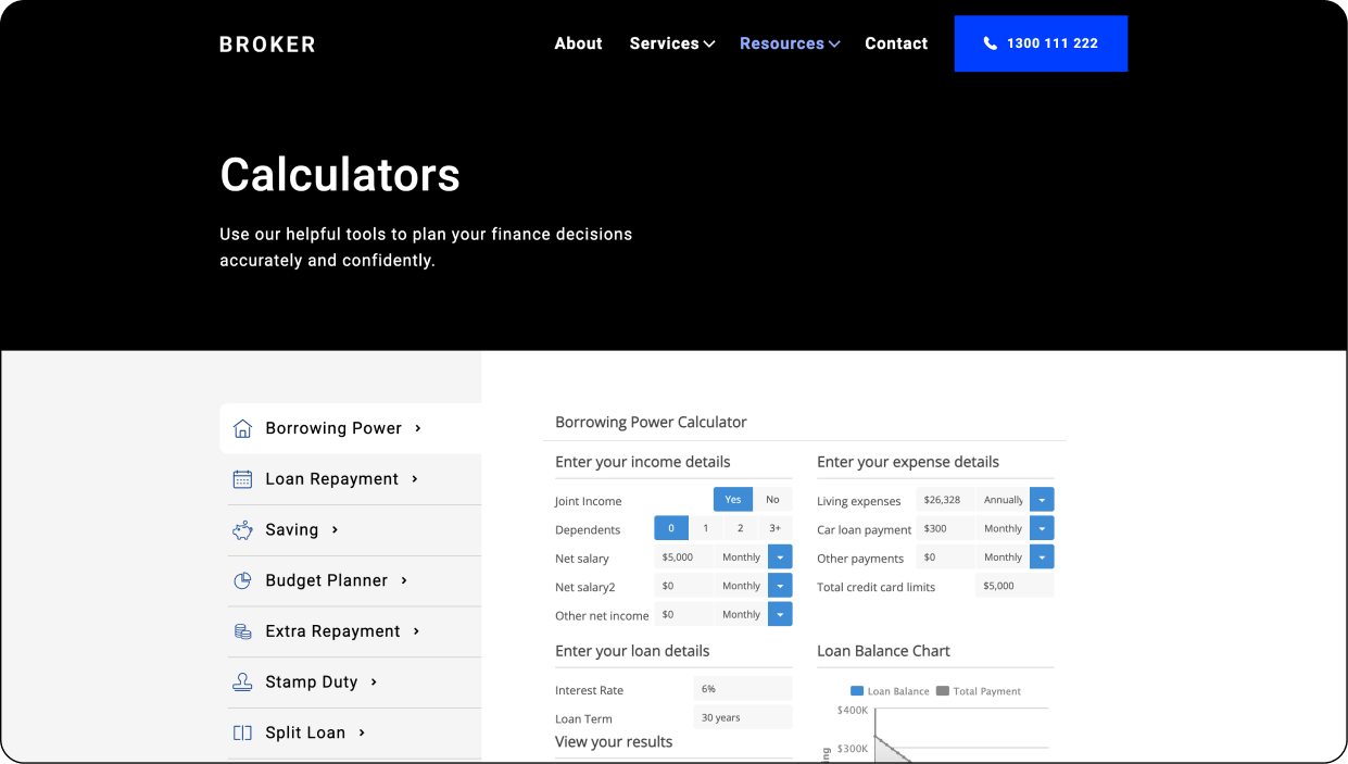 Modern Mortgage Broker Website Template - Calculator Integration with FBAA/MFAA