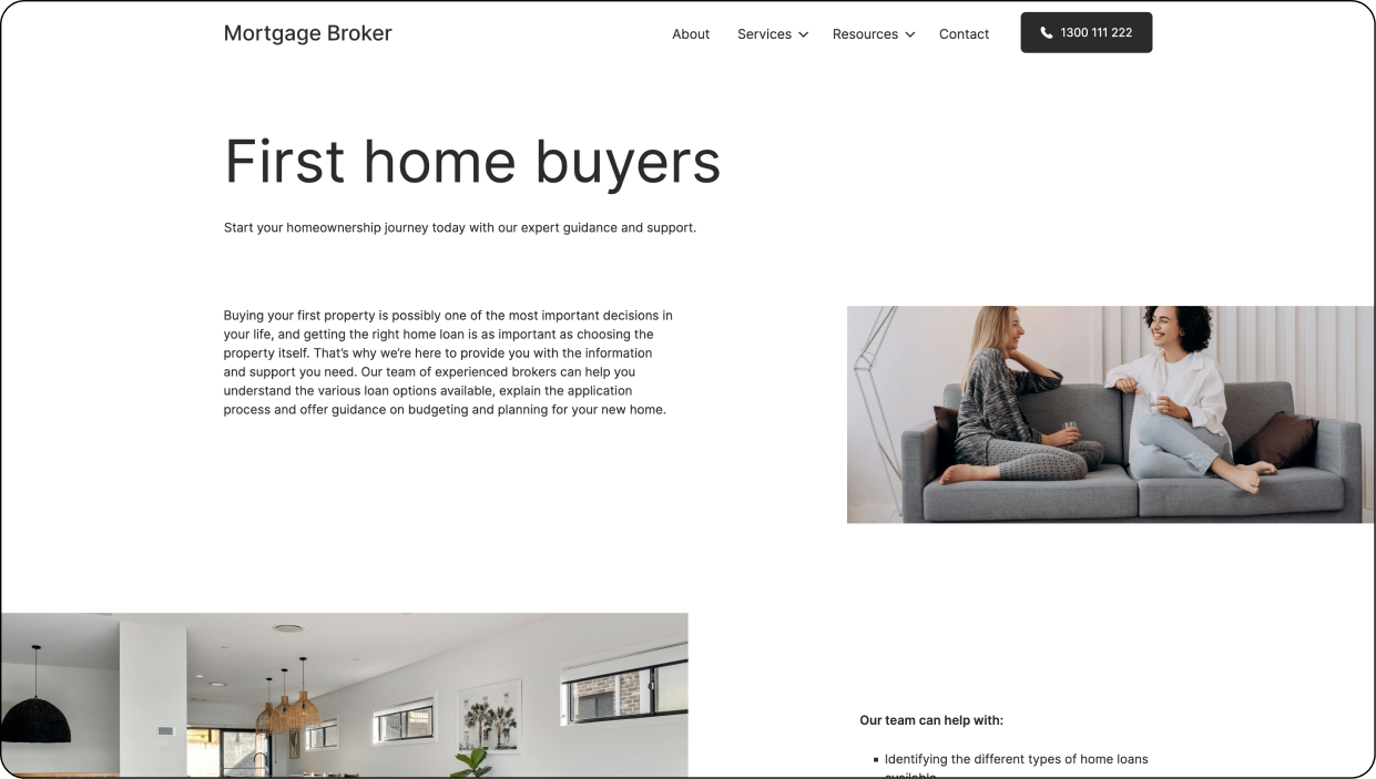 Premium Mortgage Broker Website Template design - Content pages that cover a range of mortgage broker services