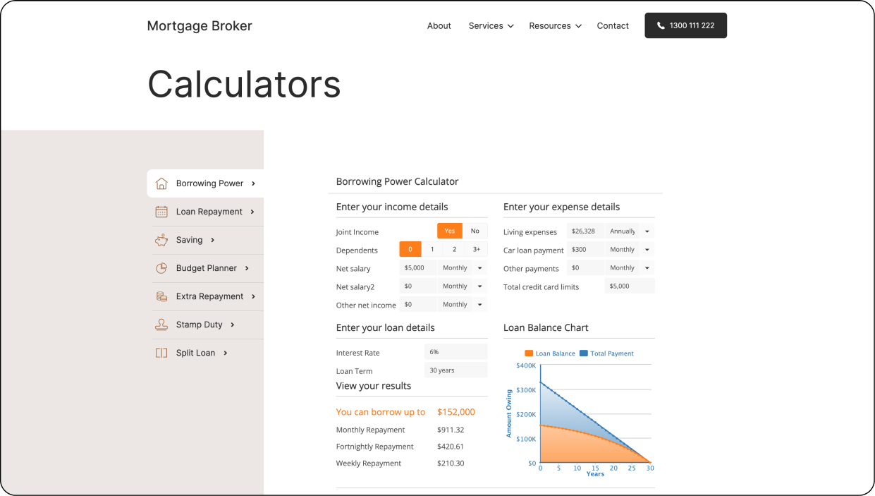 Premium Mortgage Broker Website Template - Calculator Integration with FBAA/MFAA included in each template design